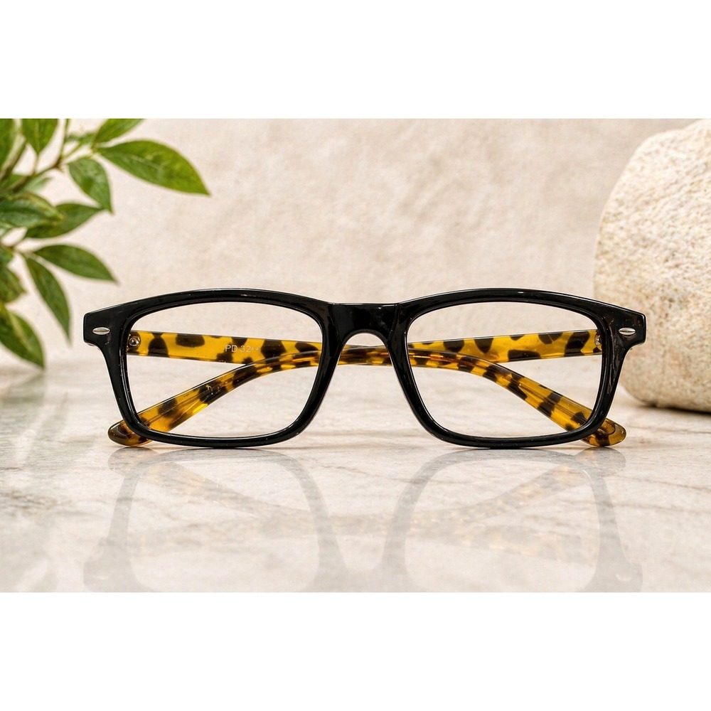 Black and Tortoiseshell Rectangular Eyeglass Frames PD 32+ Eyewear (FRAMES ONLY)